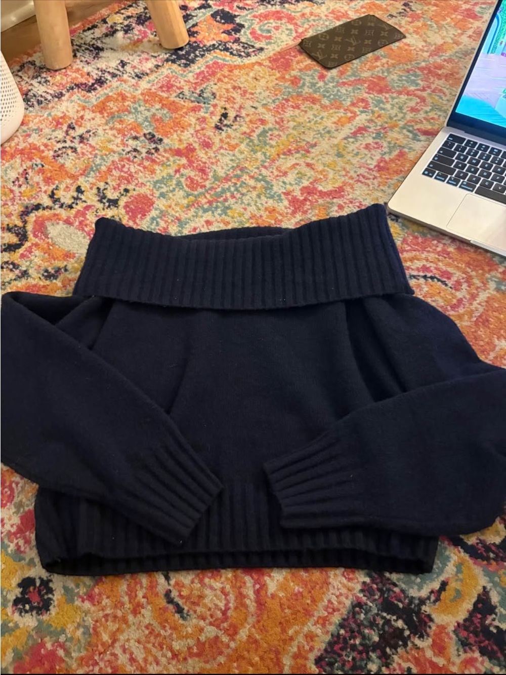 Off-Shoulder Ribbed Hem Women's Sweater - Navy
